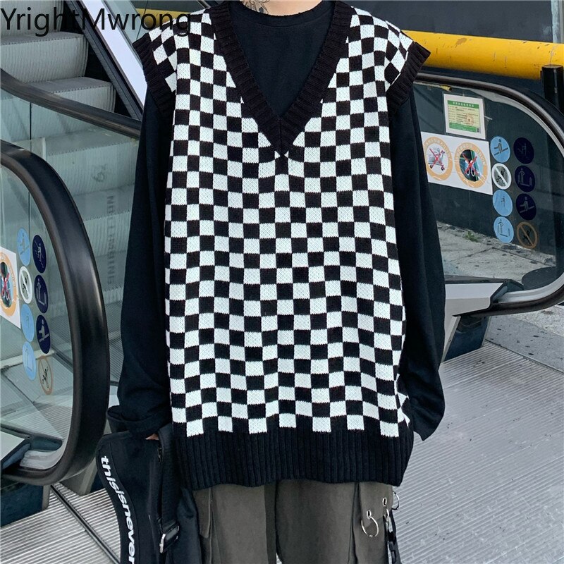 Gilet col v débardeur ample coréen femme homme Pull contraste damier Plaid gilet tricot Pull sans manches tenue automne hiver