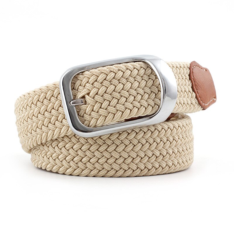 Menn kvinner elastisk belte lerret nylon tøyelig flettet belter til jeans nålspenne fargerik strikket webbing stropp rem: beige