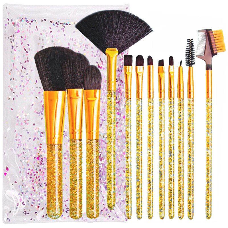 12 stuks make-up kwasten set professionele Acryl Crystal Diamond Handvat met zak Beauty tool voor make-up: YELLOW