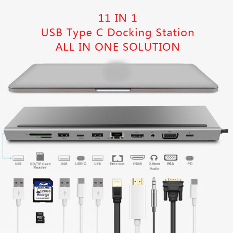 11 em 1 usb tipo c hub adaptador portátil docking station vga rj45 pd para macbook hp lenovo superfície compatível thunderbolt 3