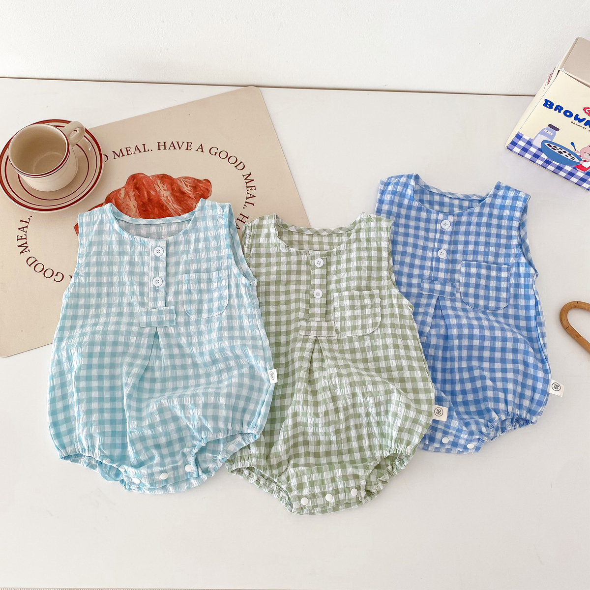 Sommer baby piger ærmeløs romper ternet nyfødt baby bodysuit 0-2 år gammel spædbarn jumpsuit