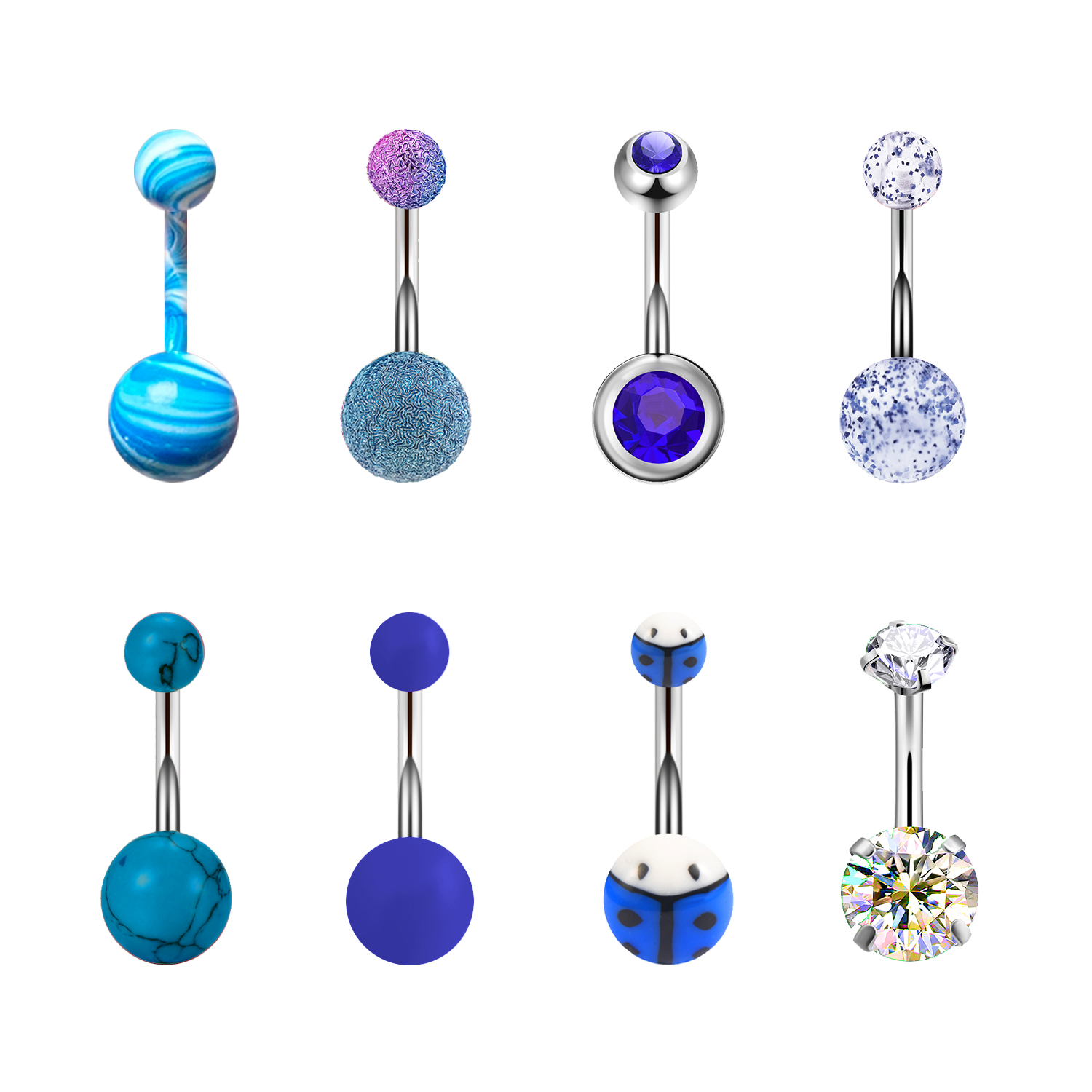 8Pcs Buik Piercing Belly Button Ring Crystal Sieraden Sexy Oorbellen Vrouwen Body Strand Goth Helix Navel Piercing kit: blue-8pcs