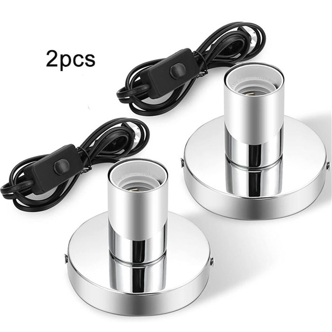 2 Stuks Zilver Gepolijst Metalen Desktop Lichtcontacten Basis Vintage E26/E27 Edison Schroef Gloeilamp Houder Met Schakelaar Snoer Draad