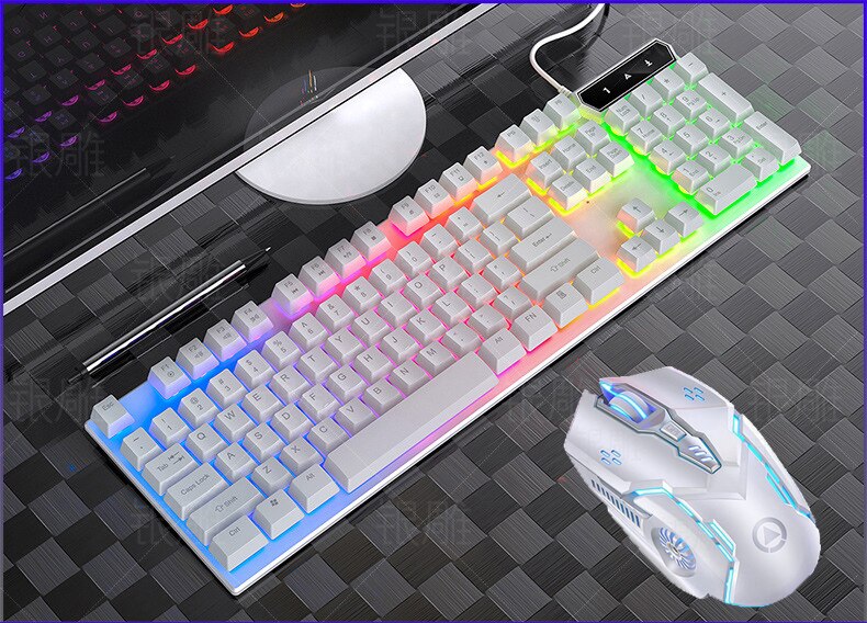 Teclado retroiluminado con cable para juegos, juegos de ratón con cable USB, 104 teclas, RGB mezclado, 3200DPI, para Noteboo: White Keyboard Mouse