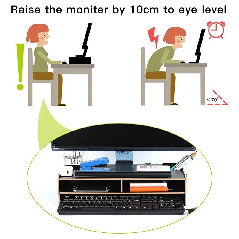 Wood Monitor Stand Multifunctional Office Desk Organiser Desktop Computer Screen Riser for TV, PC, Laptop