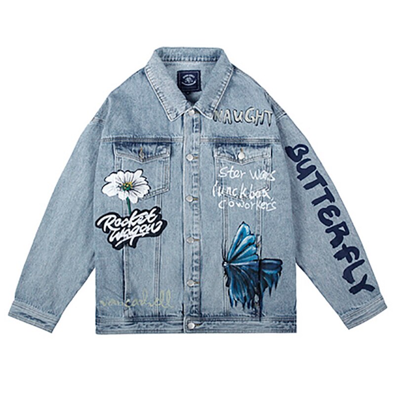 Mens Hand Geschilderd Graffiti Denim Jassen Streetwear Hiphop Herfst Mannen Vintage Punk Rock Mannelijke Knop Oversize Man Jas Tops