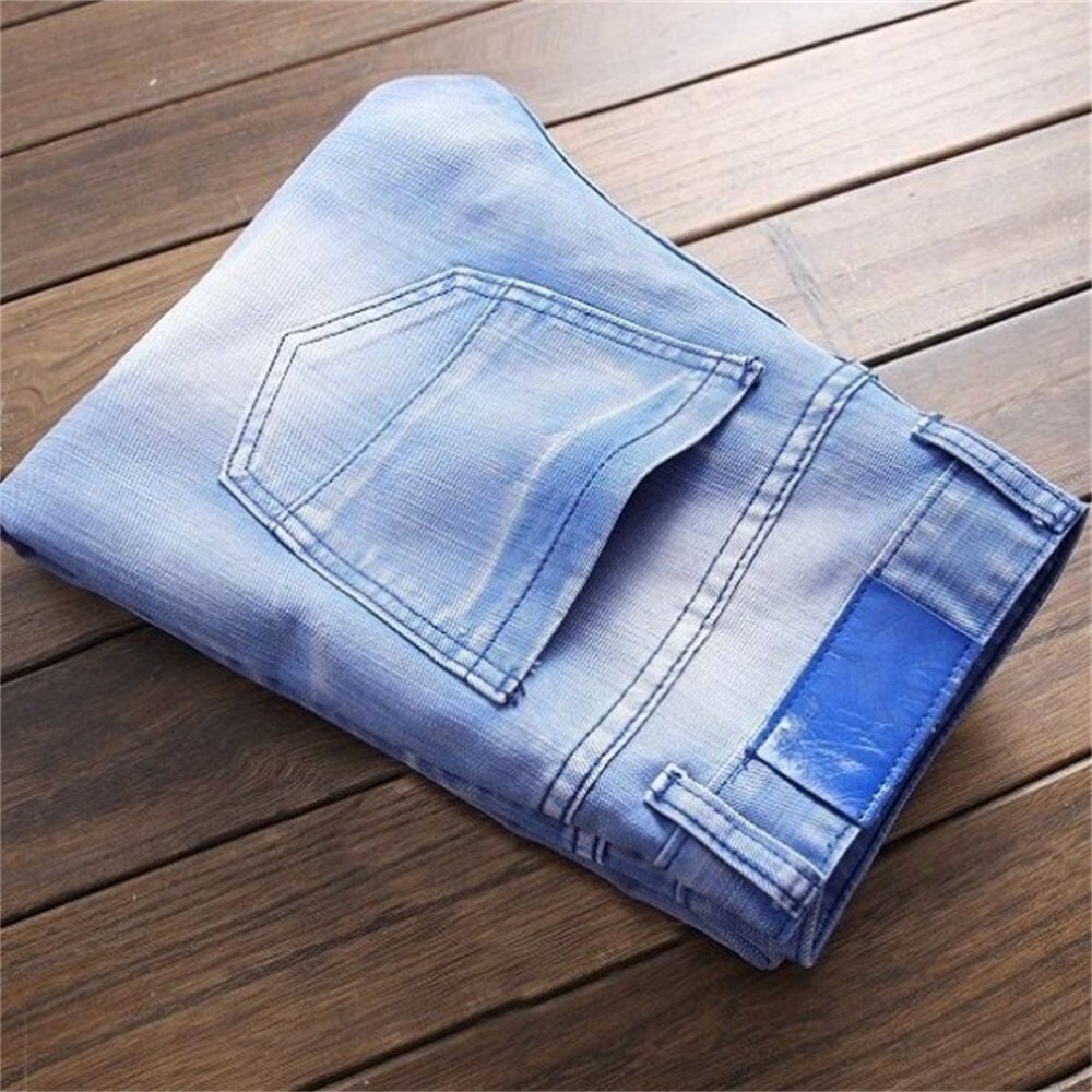Eh · md® hoog elastische gebleekte blauwe jeans heren golvende gerimpelde gaten patch katoen zacht kleine rechte high street slanke broek