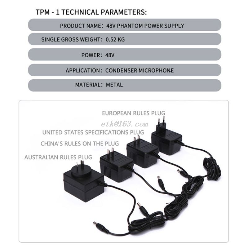 48V Phantom Power Supply with Adapter AU US EU Plug for Condenser Mic Karaoke Microphone Accessories Kit