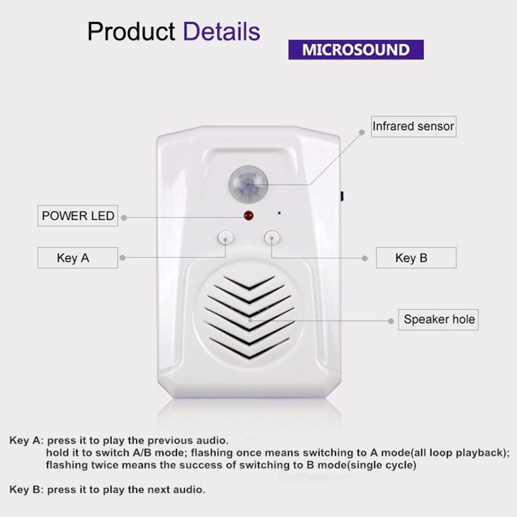 Timbre de dos vías, grabador de voz con timbre de inducción de bienvenida (blanco)