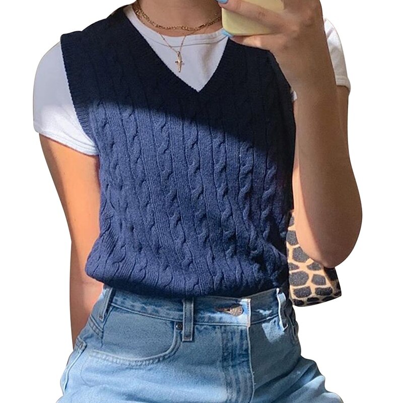 V Neck Vintage Argyle Pullover Weste Frauen Y2K Schwarze ?rmellose Plaid Strick Crop Pullover Casual Herbst Adrette: M / 1-blue