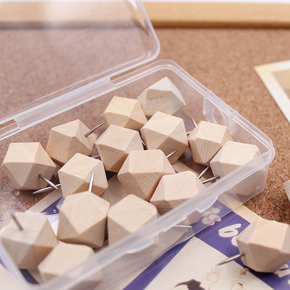 18pcs Geometric Wood Decorative Push Pins, Wood Head and Steel Needle Point Thumb Tacks for Photos, Maps and Cork Boards