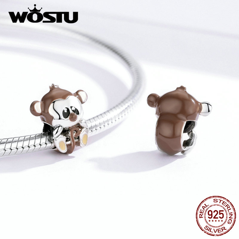 WOSTU Real 925 Sterling Silver Naughty Monkey Animal Beads Brown Charms Fit Original Bracelet Necklace For Women Jewelry CTC125