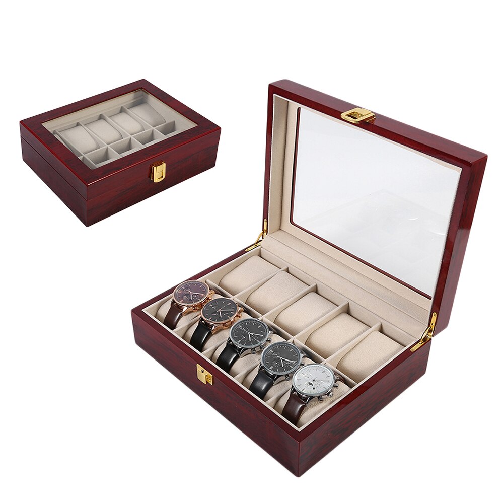 Sales! Luxe 10 Grids Houten Polshorloge Display Box Jewelry Organizer Case Rood Hout Watch Box Horloges Organizer