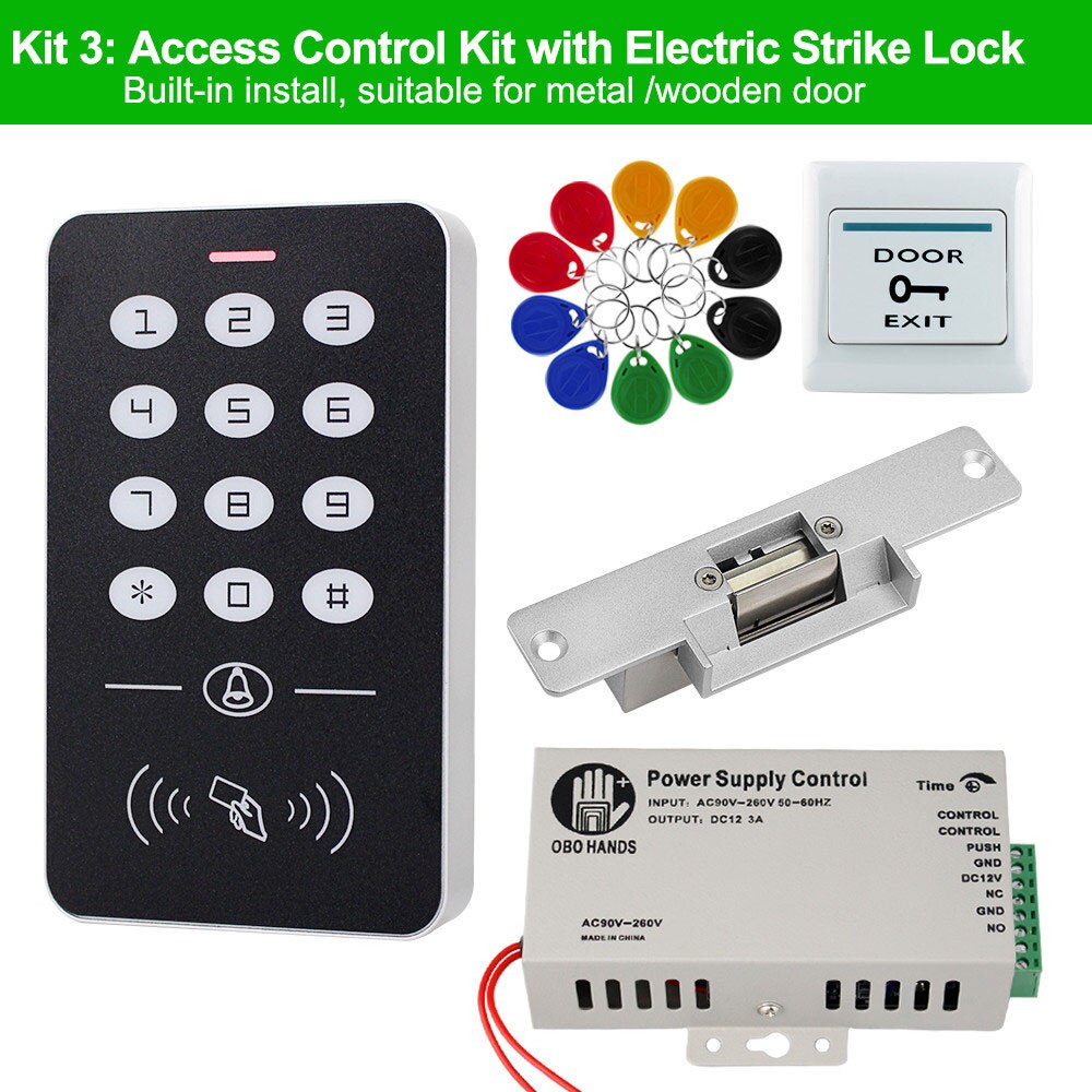 OBO Door Access Control System RFID Keypad EM Card Reader + Power Supply + Electronic Magnetic Lock Bolt Strike Locks for Home: Kit 3