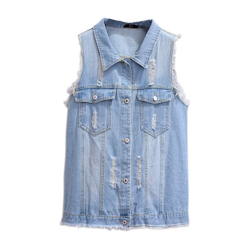 Grote Maat Vrouwen Denim Vest Mouwloze Kleding Vrouw Kleren Losse Plus Size Dragen Gaten Vrouwelijke Jas Jas: A0394-SKY BLUE / Xxxl