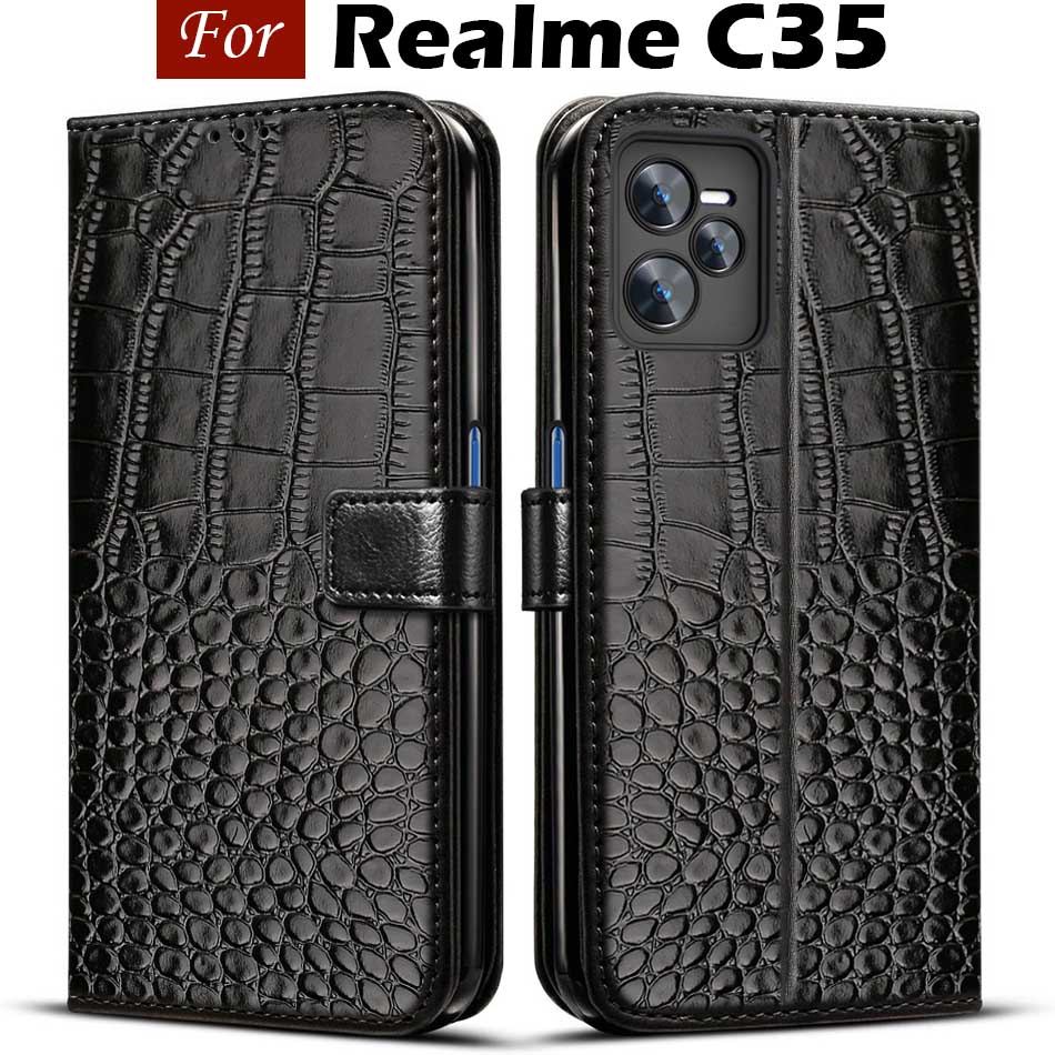 Realme  c35 hoesje rmx 3511 magnetische portemonnee flip leren boekhoesje voor oppo realme  c35 telefoonhoesje  c 35 realmec 35 cover etui kaart: Zwart