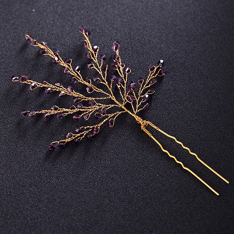 Presilha de cabelo elegante, feito à mão cristal roxo festa de casamento pinos folha de videira strass noiva acessórios da dama de honra jóias