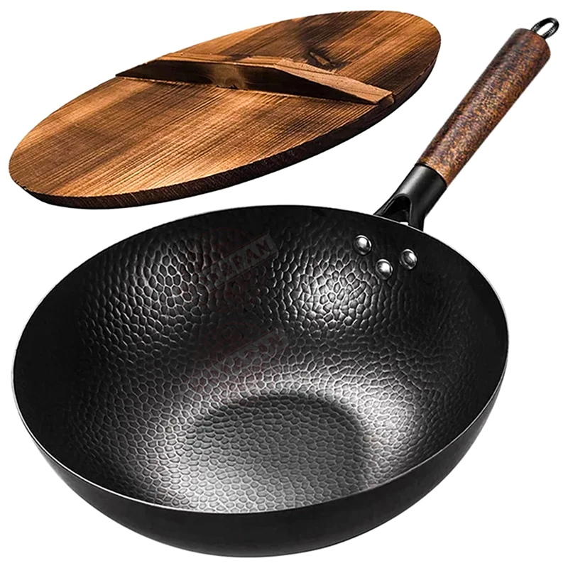 Wokpande i kulstofstål, 32cm wokpander med trælåg, ubelagt, fladbundet kinesisk pande til induktion, elektrisk gas, alle komfurer