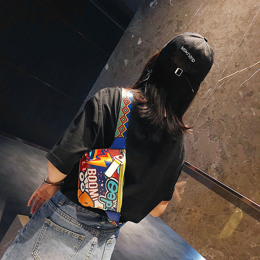 Vrouwen Borst Zak Kleurrijke Taille Verpakking Schoudertas Mode Graffiti Gedrukt Brede Schouderriem Messenger Bag Zipper Pouch