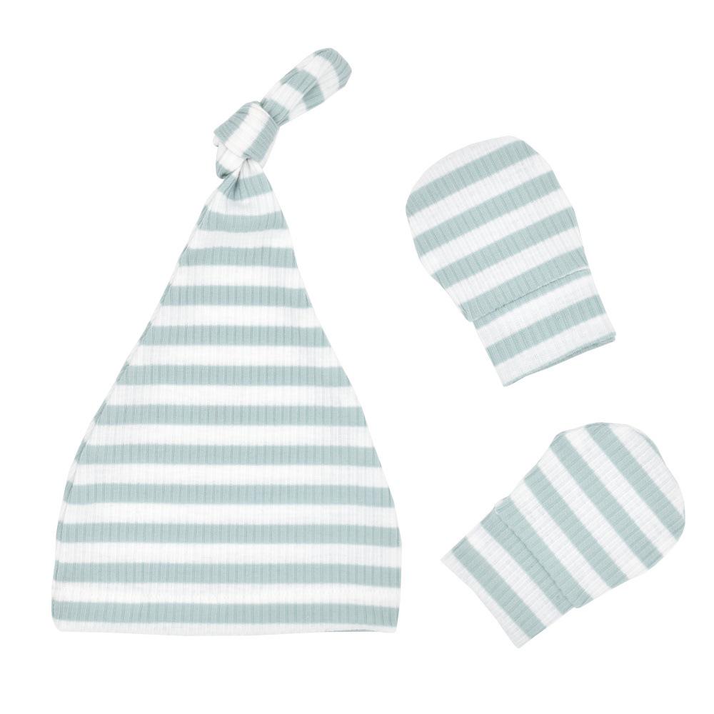 Knot Baby Hat and Gloves Set Stripe Cotton Baby Caps Autumn Spring Newborn Photography Props For Girls Boys Infants: Blue