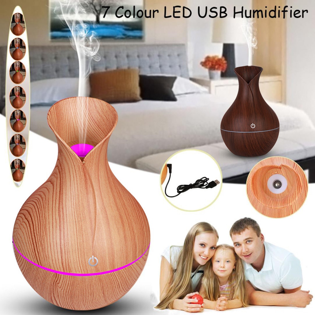 4 # Aroma de aire eléctrica humidificador Aroma difusor del aceite del humidificador de aire por ultrasonidos de madera Usb fresco Mini fabricante de la niebla luces Led para el hogar