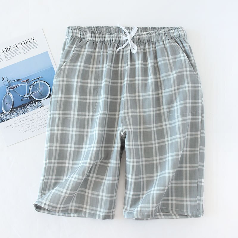 Mens Cotton Gauze Sleep Bottoms Plaid Knitted Pajama Pants Loose Sleepwear Lounge Wear Trousers Men Elastic Band Pijama Shorts #: Gray shorts / M