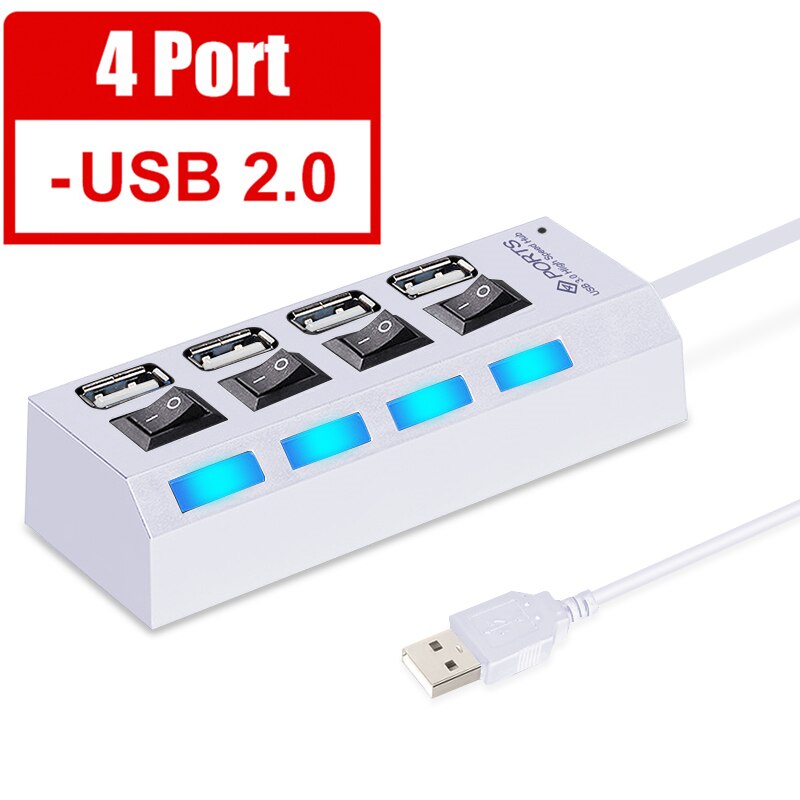 Multi Usb Hub 2.0 Mini Hub Usb Splitter 4/7 Usb-poorten Met Aan/Uit Schakelaar Hab Ondersteuning Power Hoge speed Pc Computer Accessoires: White 4 Ports
