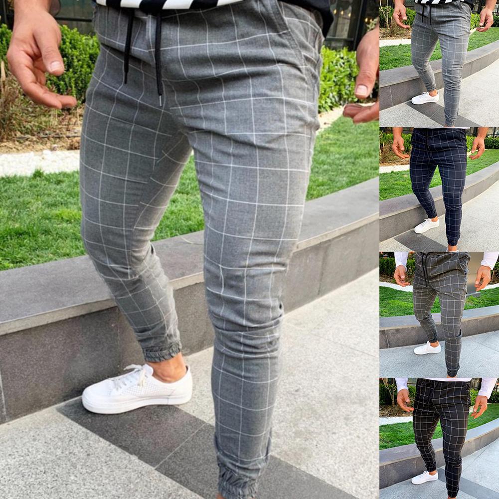 Men Plaid Print Drawstring Elastic Casual Slim Fits Pencil Pants Trousers