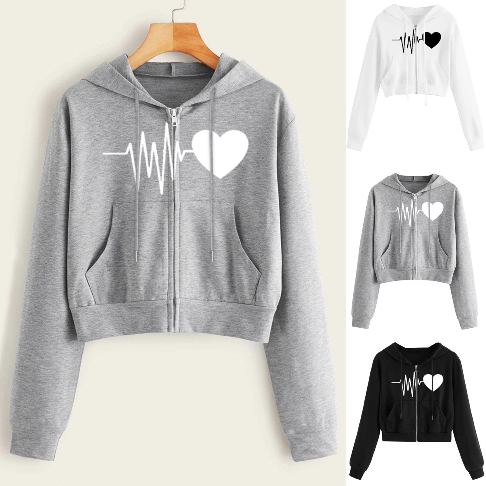 Frauen Hoodies Zipper Tasche Kurze Sweatshirt Casual Sport Pullover EKG Liebe Druck Lange Hülse Mit Kapuze Pullover Jogging Shirt