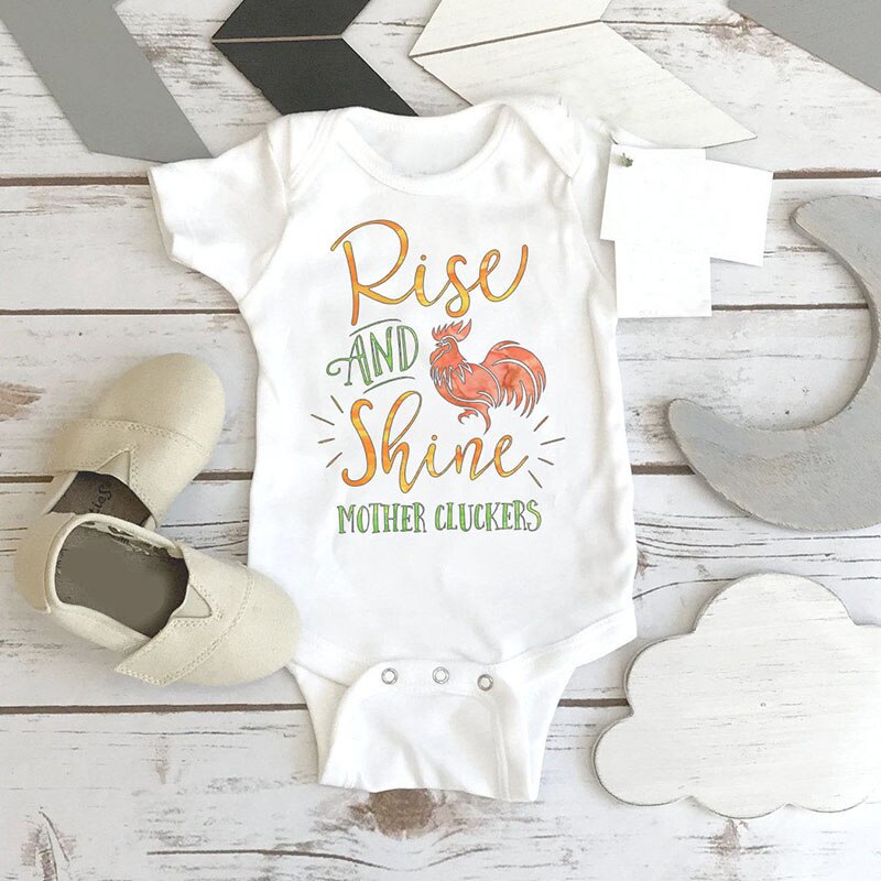 DERMSPE Newborn Baby Boy Girl Short Sleeve Letter Print Rise And Shine Mother Cluckers Cotton Romper Outfits Summer Baby Clothes: 12M