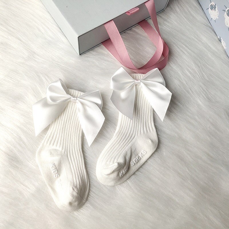 Leuke Big Bows Baby Sokken Effen Kleur Antislip Kids Meisjes Sokken Zachte Katoenen Gebreide Baby Peuter Sokken 0-12 Maanden: white / 6-12M