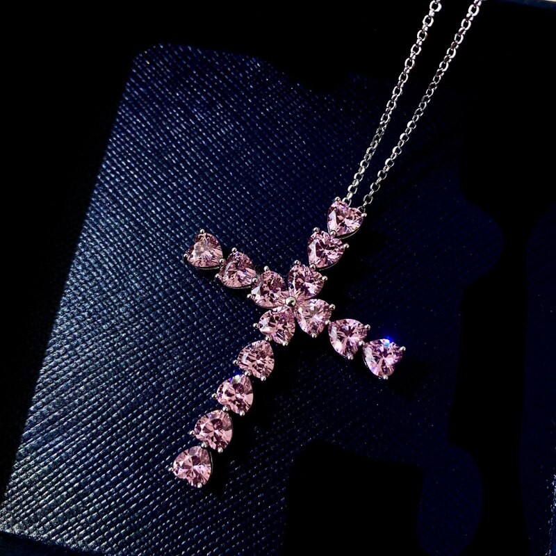 Oevas 100% 925 Sterling Zilver Sparkling Volledige 5*5Mm Hart Hoge Carbon Diamanten Kruis Hanger Ketting Vrouwen Party fijne Sieraden: Roze