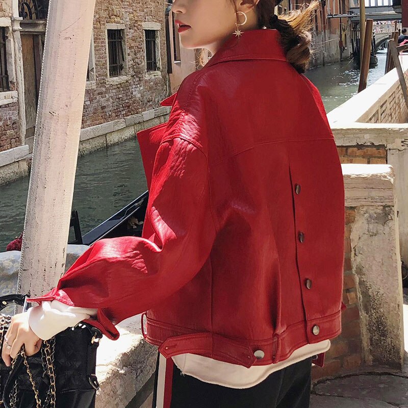 Oversized imitatieleren jas met knopen op de rug, dames motorjas, zwarte biker jaquetas couro casaco chaqueta damesjas