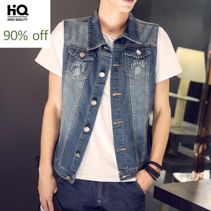 Sleeveless Denim Vest for Men Streetwear Korean Style Turn-down Collar Patchwork Skinny Jackets Casual Waistcoat Male