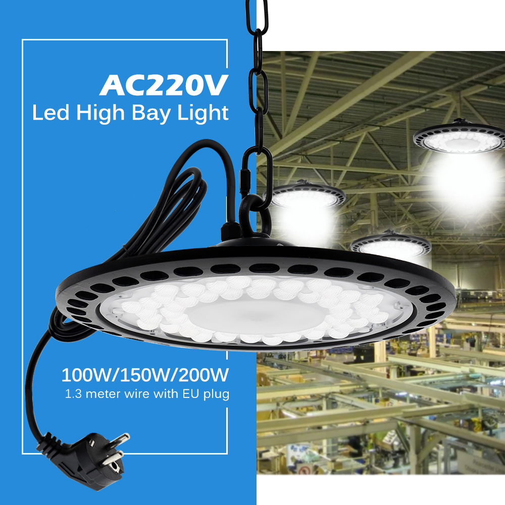 Ac220v led høybaylys 100w 150w 200w smd 2835 4000k 6000k høy lysstyrke kommersiell industriell garasje verksted ufo-lamper