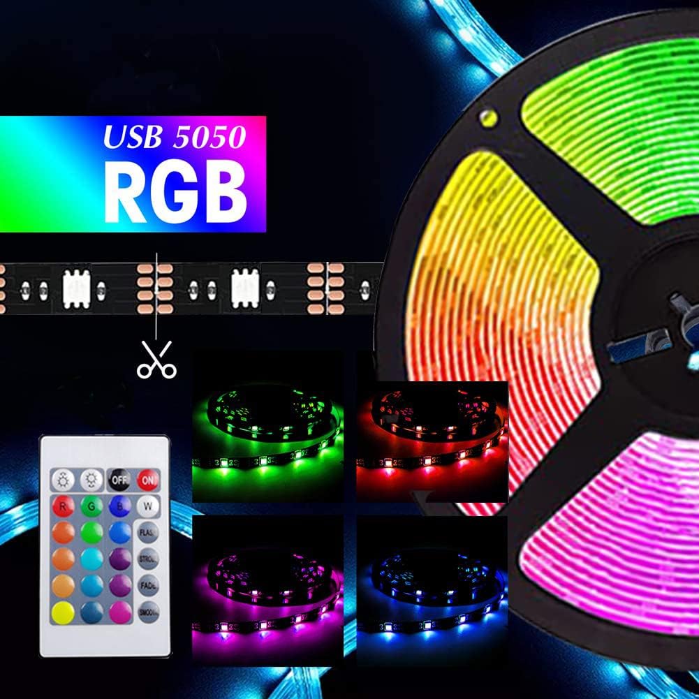 Led USB Strip Light 5M Color Changing 5050 RGB LED Flexible Lights with 24 Keys for Children Gaming Room Home Party TV Backlight