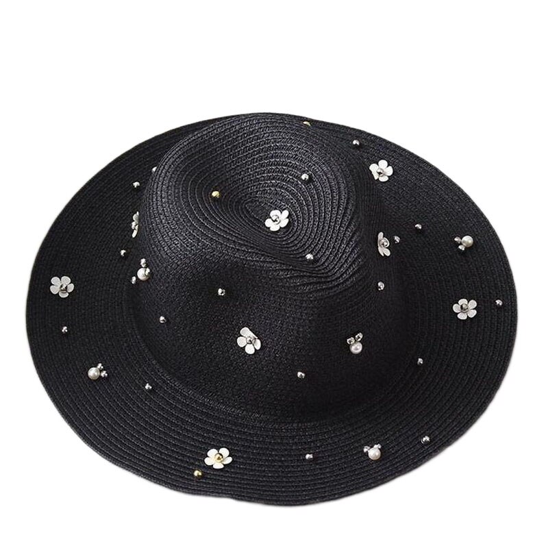 2018 Nuove Donne di Estate All'aperto Cappelli da Sole Solido Grande di Paglia Tesa Traspirante Cappello di Snapback Regolabile Della Perla di Modo Tappo Superiore Per della signora