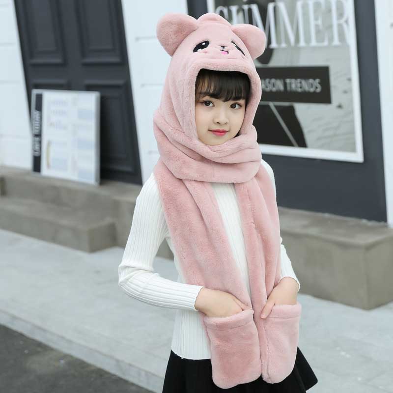 3 en 1 de oso bufanda suave con guantes de sombrero para niñas otoño invierno rosa gris Beige cálido gorro niñas bufandas: 8