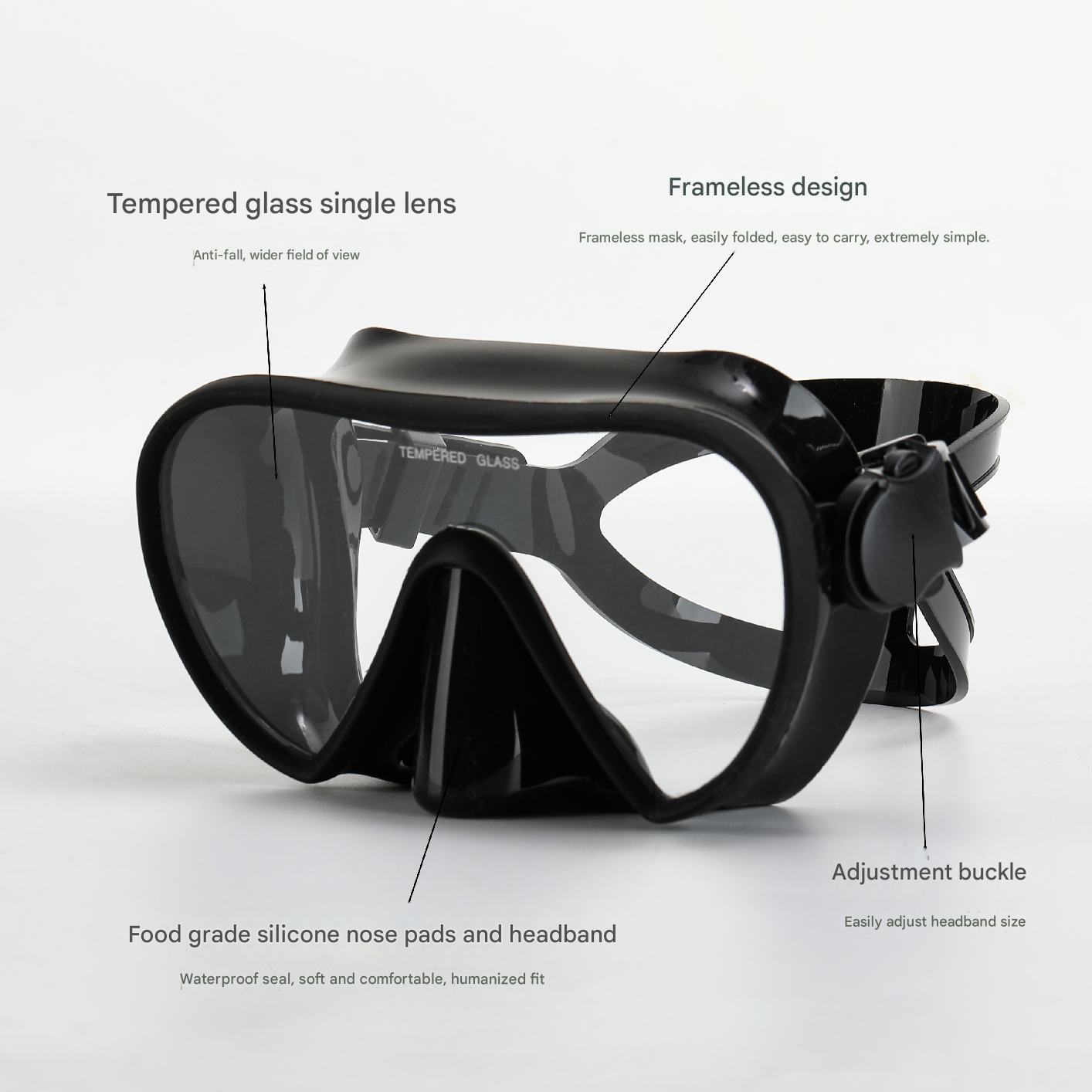 Rahmenlose Maske zum Tauchen, Schnorcheln, perfekte Dichtung, Silikonrock, Panorama-Schwimmbrille aus gehärtetem Glas, geeignet für Erwachsene