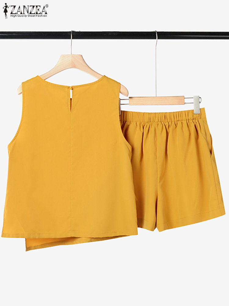 Zanzea sommar 2 st outfits ärmlös oregelbunden blus korta set casual enfärgade träningsoveraller kvinnor lösa matchande set