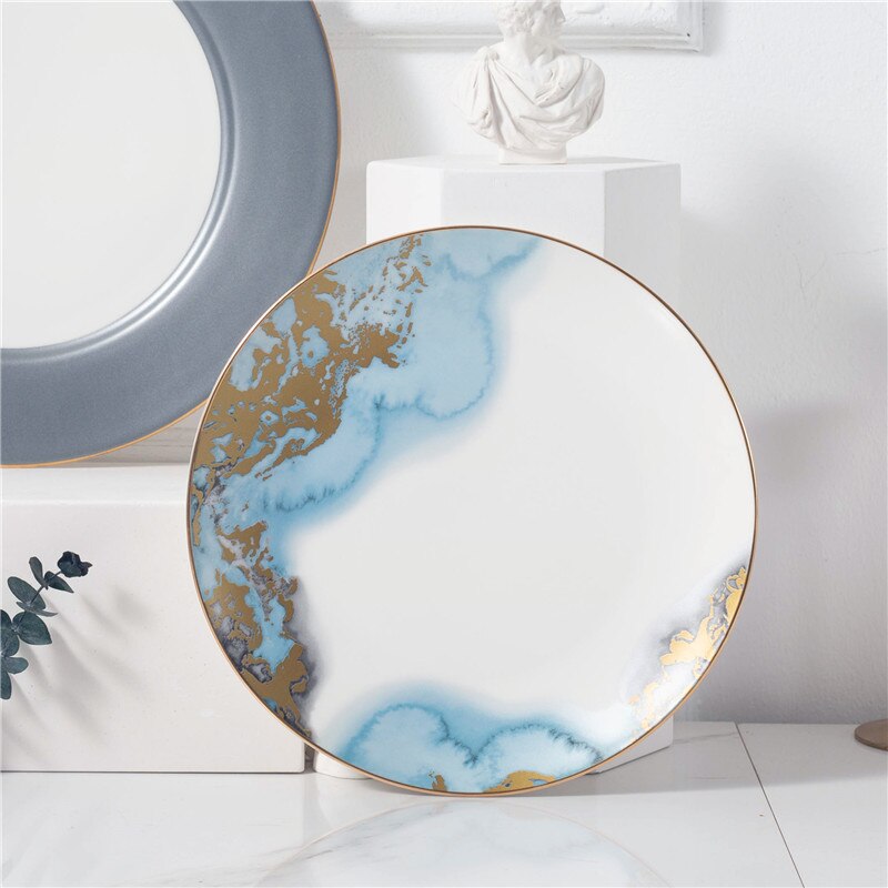 Bone China Sky Blue Gradient Dinner Plate Simple Hand Drawing Phnom Penh Ceramic Plate Light Luxury Sample Room Decoration