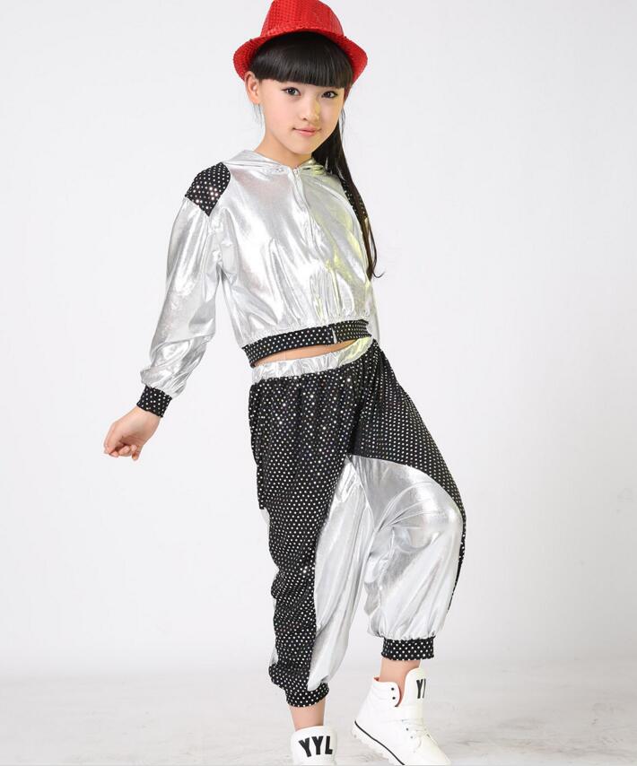 Mädchen Jungen Gold Silber Ballsaal Jazz Hüfte hüpfen tanzen Wettbewerb Kostüm Art Kleidung Kleidung Hoodie Shirt oben Hosen Tanzen Tragen: Silber / 130