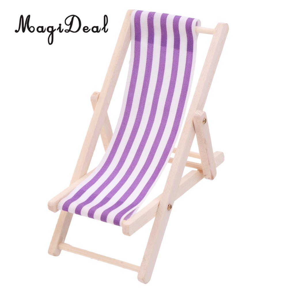 Striped Wooden Beach Garden Lounge Chair Deckchair for 1/12 Dollhouse Miniature Furniture Acc Children Toys