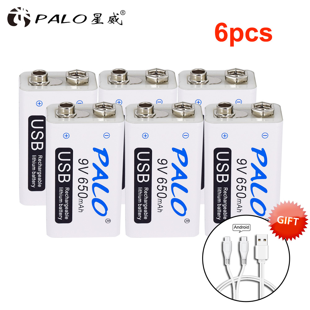PALO 9V USB batterie au Lithium 650mAh 6F22 6LR61 Li-Ion batterie Rechargeable pour jouets masseurs multimètres guitare avec câble USB: 6 pcs