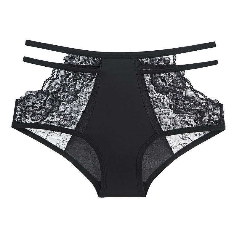 Ropa interior de mujer, bragas de encaje sexis de talla grande, bragas de seda helada de cintura alta, calzoncillos calados sin costuras a la , lencería femenina: XL / Negro