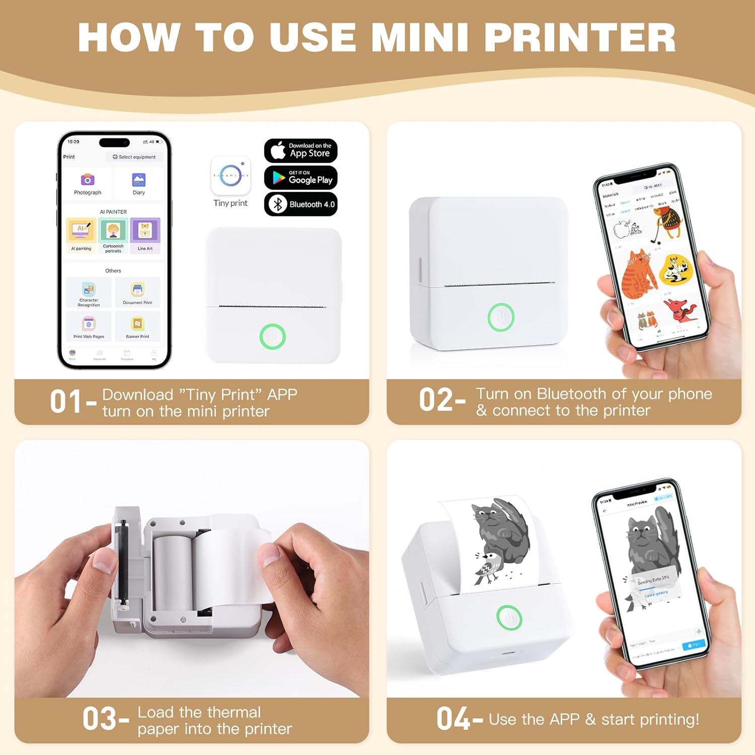 Mini Printer, Inkless Sticker Maker, Free Cut Small Pocket Printer, Portable Thermal Printer for Photo Journal Notes Memo