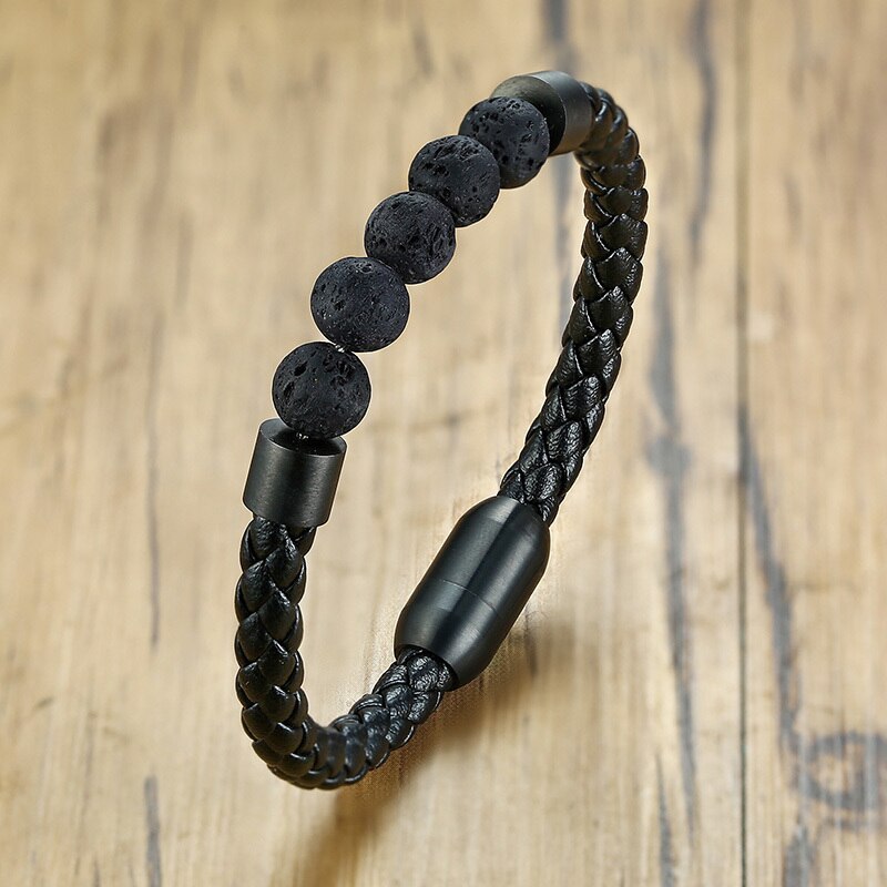 HIPSTER MAN JEWELRY BRAID LEATHER BRACELET AND VOLCANO LAVA STONE BEADS WRISTBAND