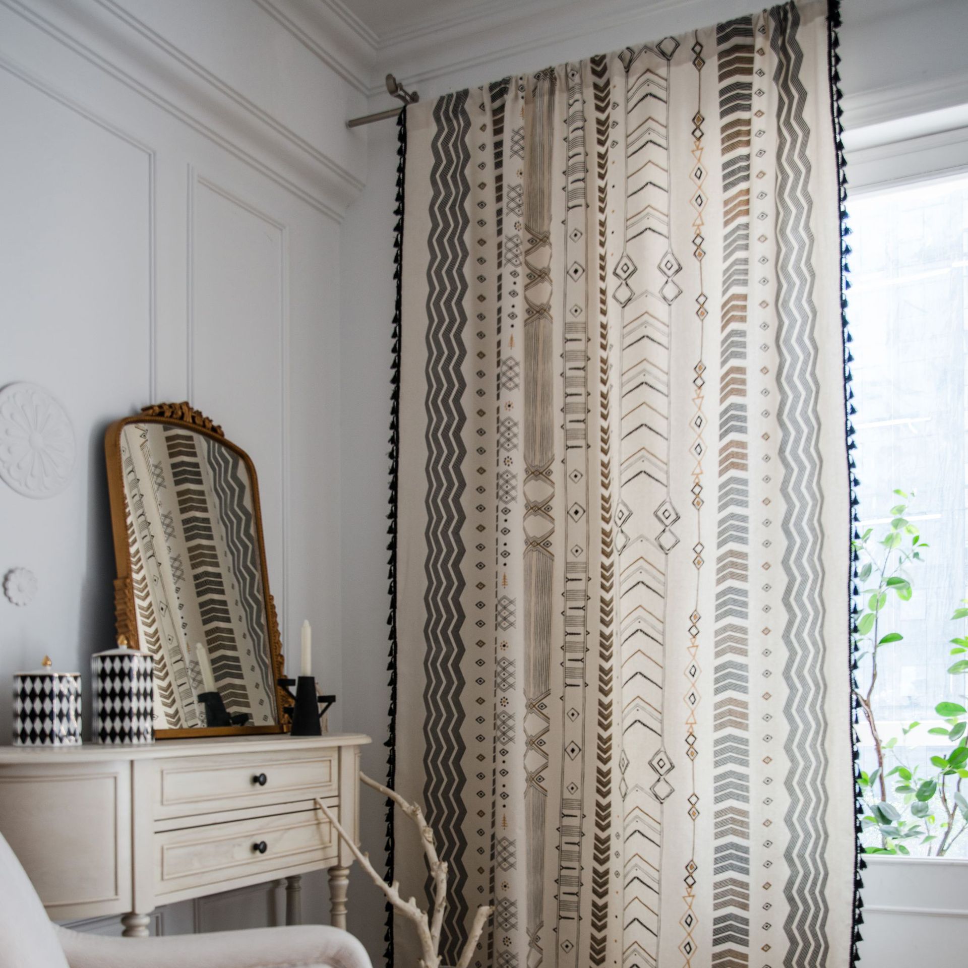 Rideau en coton et en lin finition imprimé noir, rideau pour cuisine bohème, style campagnard: 150x160 / Drilling