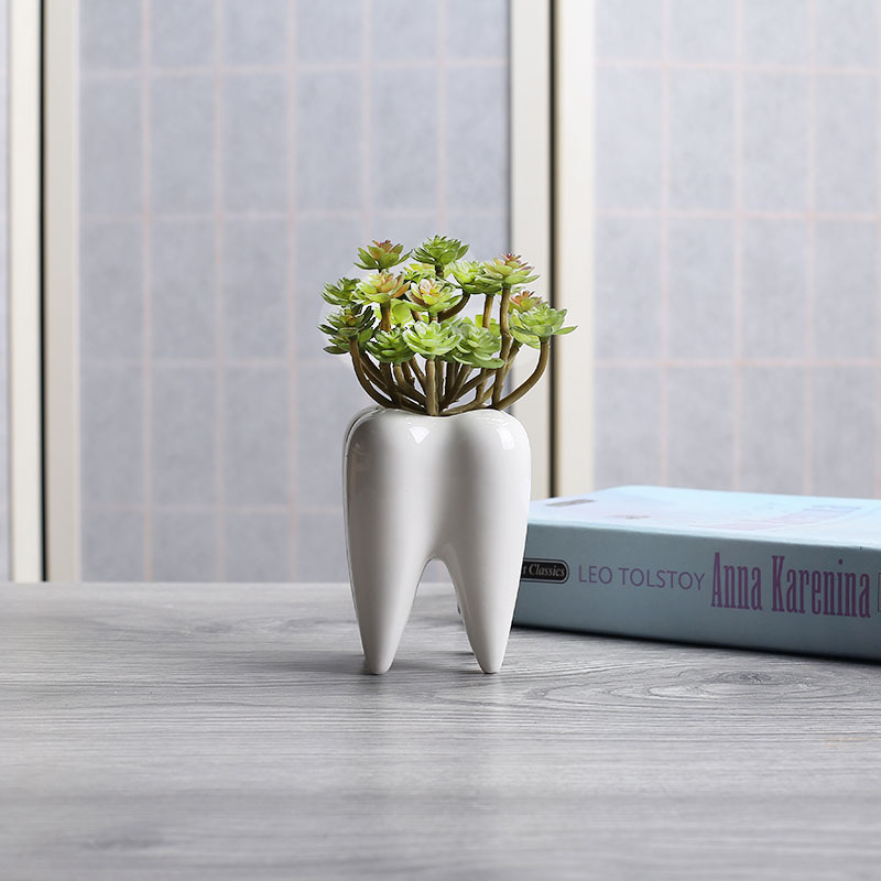 IK Pc Tand Vorm Witte Keramische Bloempot Moderne Planter Tanden Model Mini Desktop Pot (zonder planten)