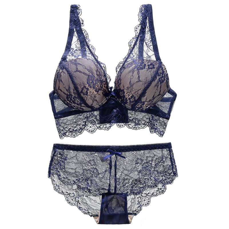 Lace Hollow Out Bralette Underwear Panty Set Women Sexy Lady Push Up Bra Set: Blue / 80B